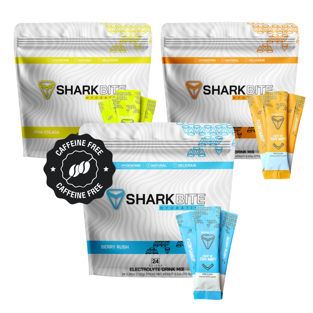 Image of caffeine free electrolyte drink packets, shop Shark Hydrations Fall Bundle.