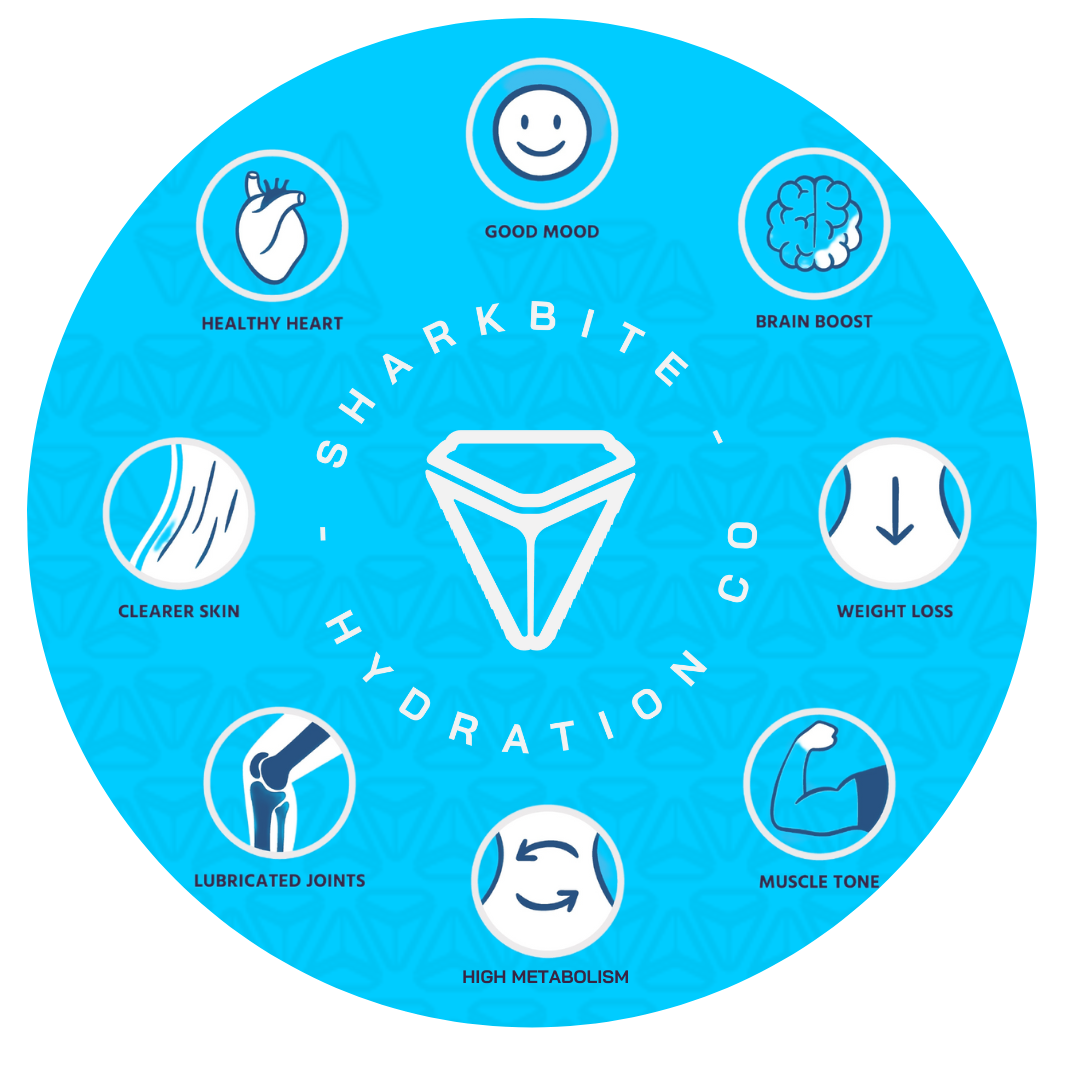 Infographic explaining the benefits of our natural Hydration packets. Some of the benefits include good mood, weightloss, and high metabolism.